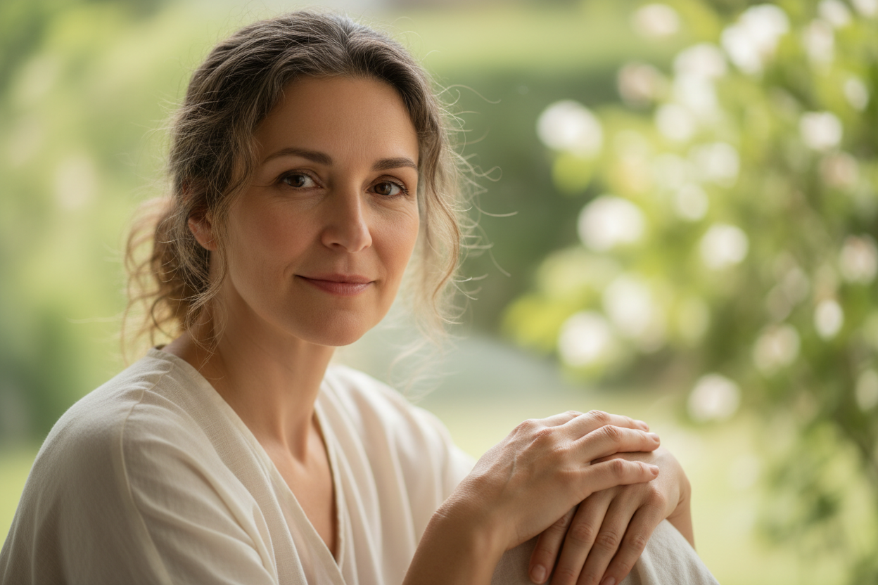 Generate a picture of a 45 year old woman who is at peace