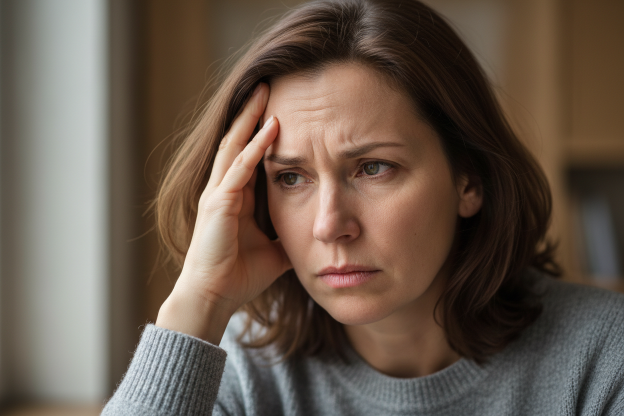 generate an image of a 45 year old woman who is visibly stressed out